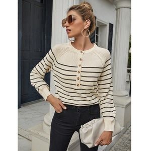 Striped Beige Henley Style Sweater